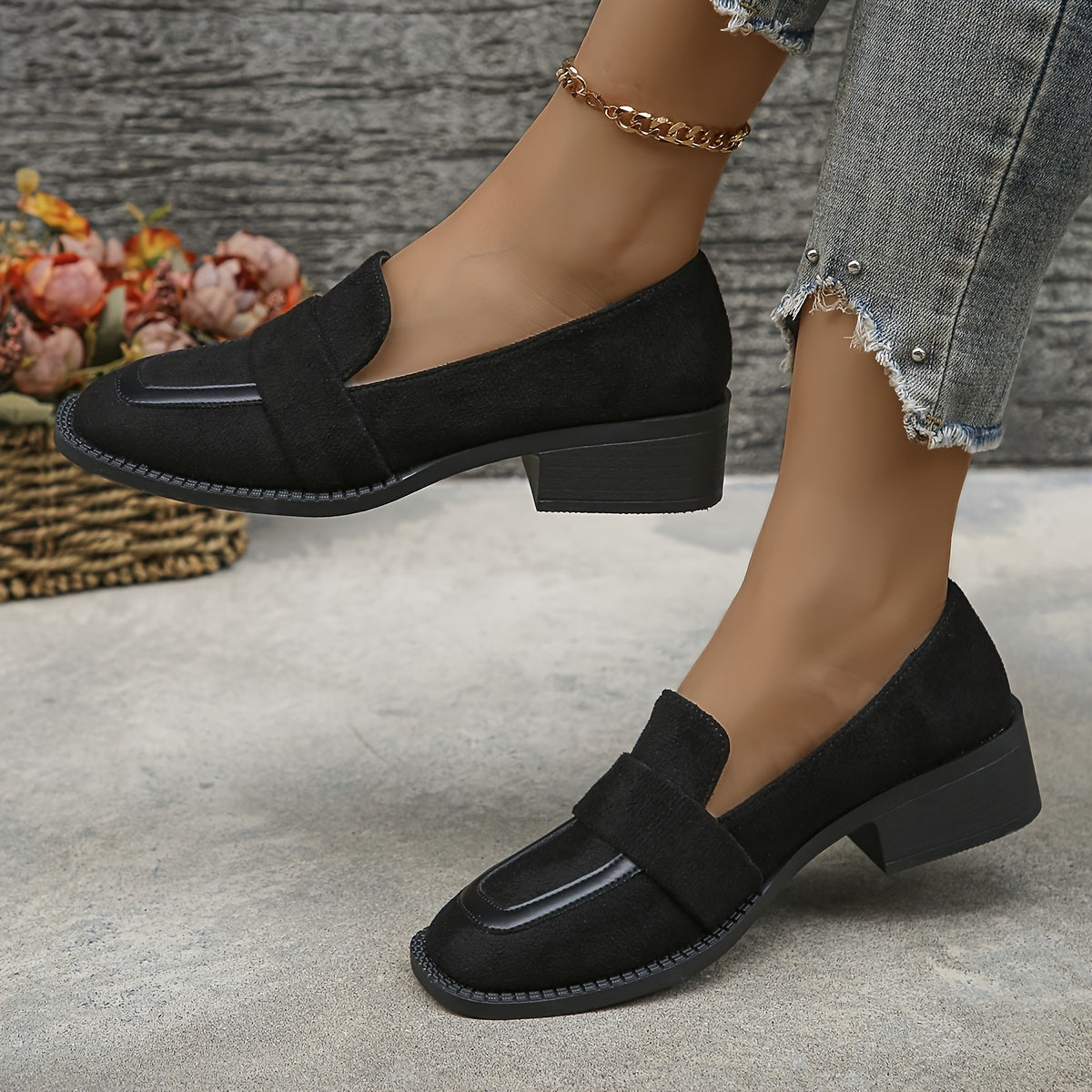 Women's Square Toe Loafers with Low Chunky Heels Slip-On Fabric All-Season