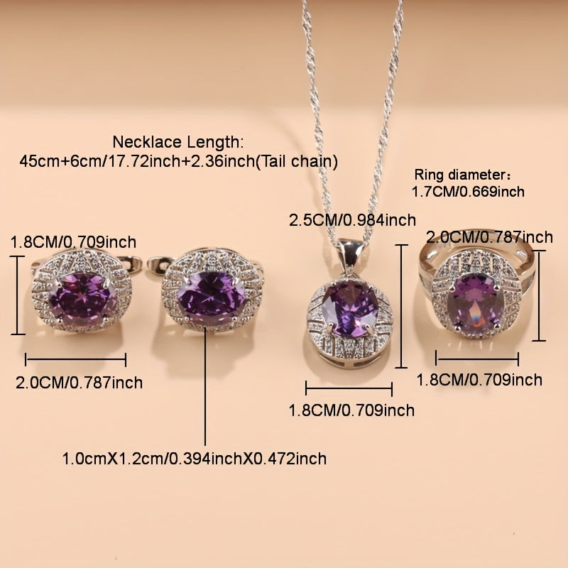 Silver-Plated Bridal Jewelry Set with Cubic Zirconia Necklace Earrings Rings 4 Piece