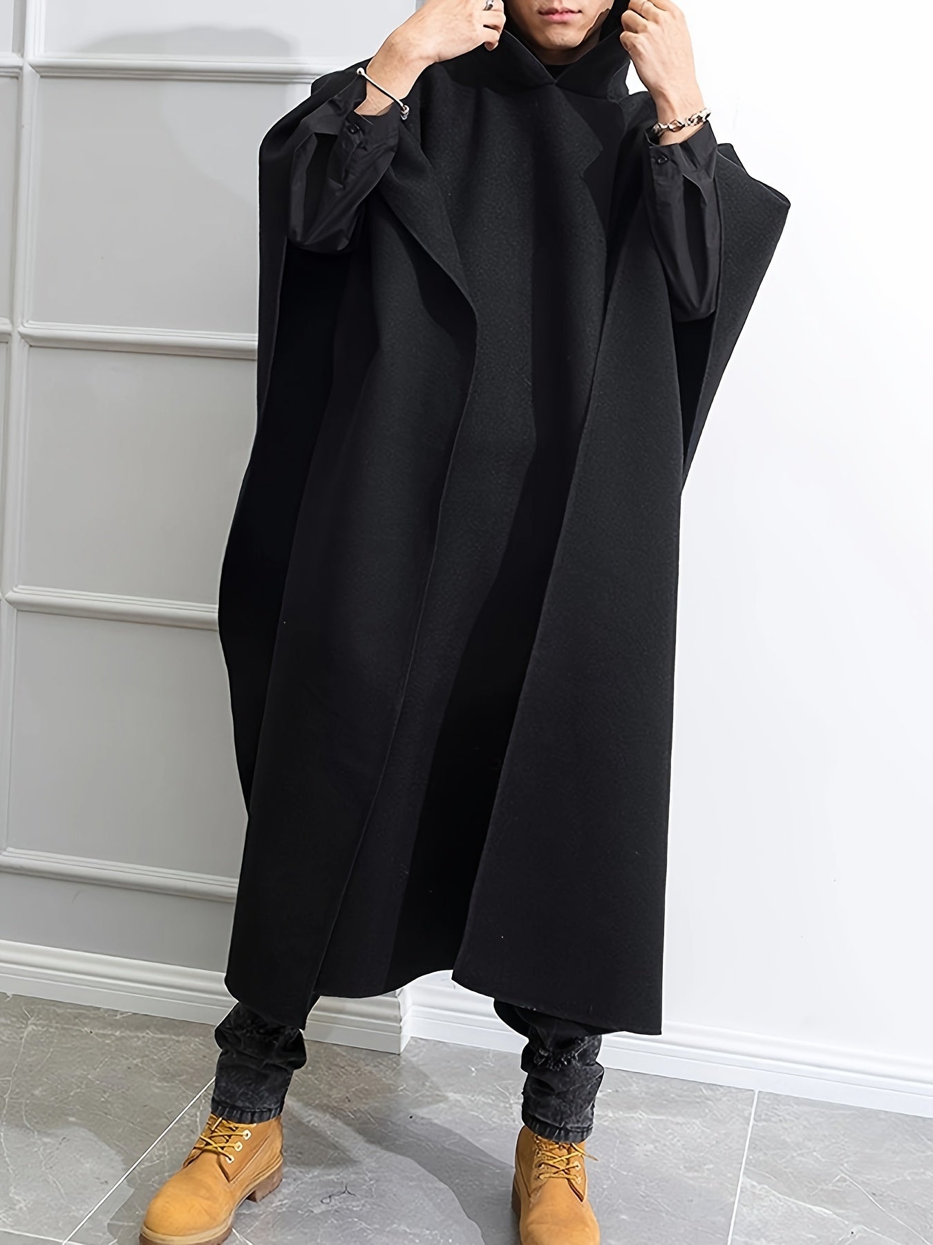 INCERUN Erkaklar uchun Keng Fitli Kapüşonli Kloak, Bahor/Kuz uchun Polyester Bir Rangli Palto, 180g/m² Matoga ega Tasodifiy Usul, Katta O'lcham