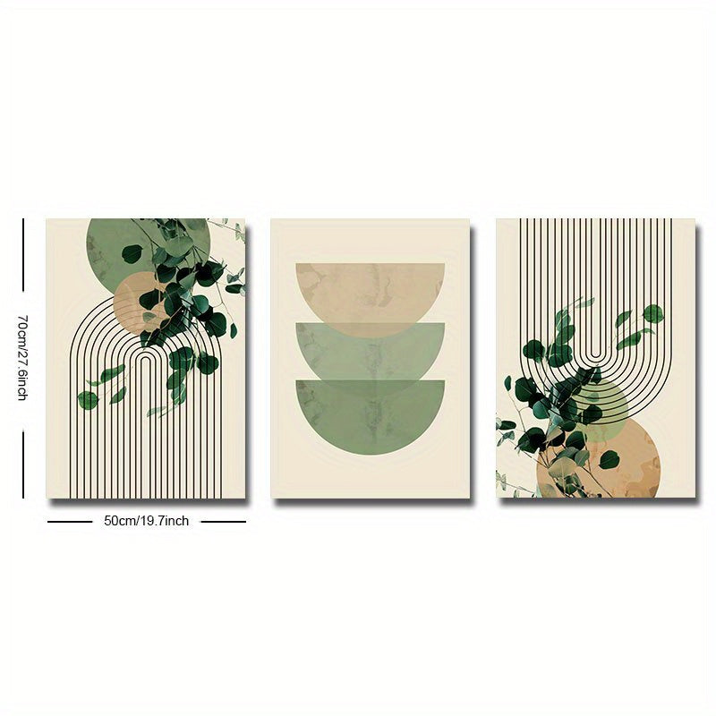 Set of Three Eucalyptus Leaf and Geometric Wall Art Prints for Living Room Decor