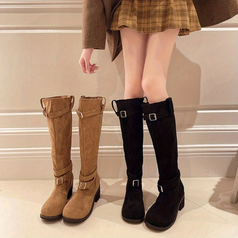Women's Black Over-the-Knee Riding Boots with Chunky Heel and Buckle Strap