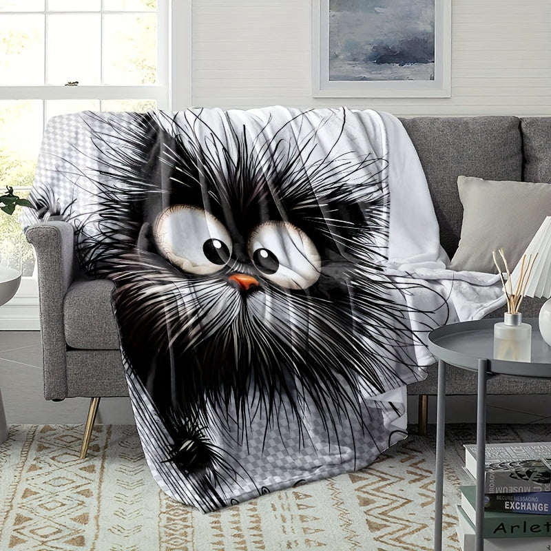 Cartoon Cat Pattern Flannel Blanket for Kids and Adults Cozy Throw for Napping and Camping