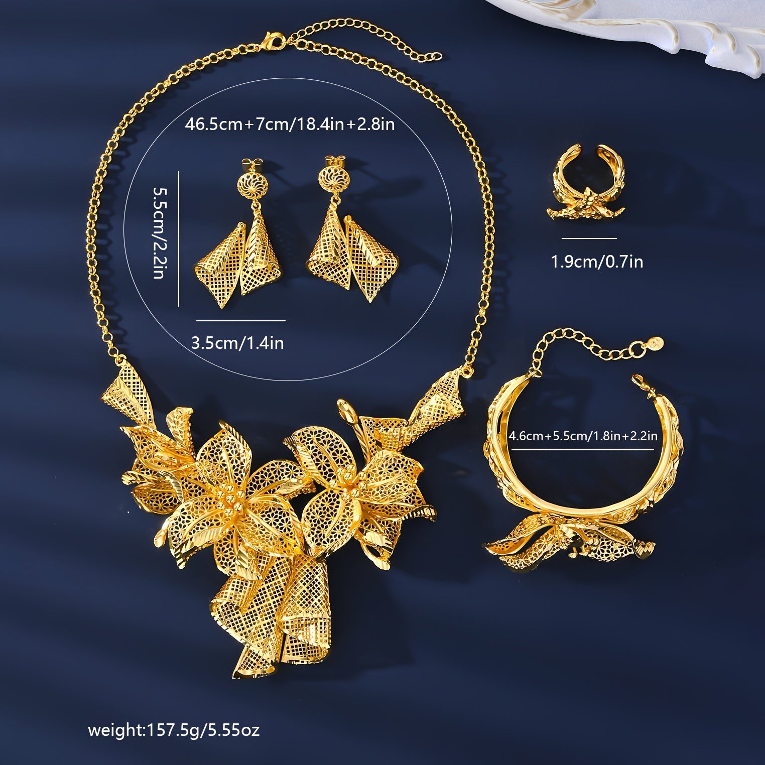 Gold Plated Jewelry Set with Floral Necklace Adjustable Ring and Pendant Earrings