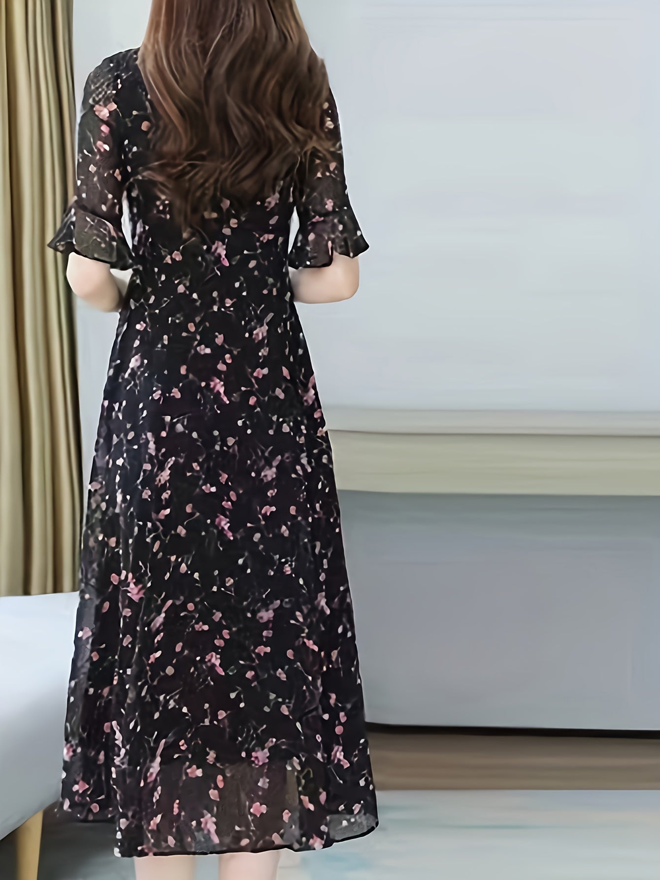 Women's Floral Print Tie Neck A-Line Dress Short Sleeve Spring Summer