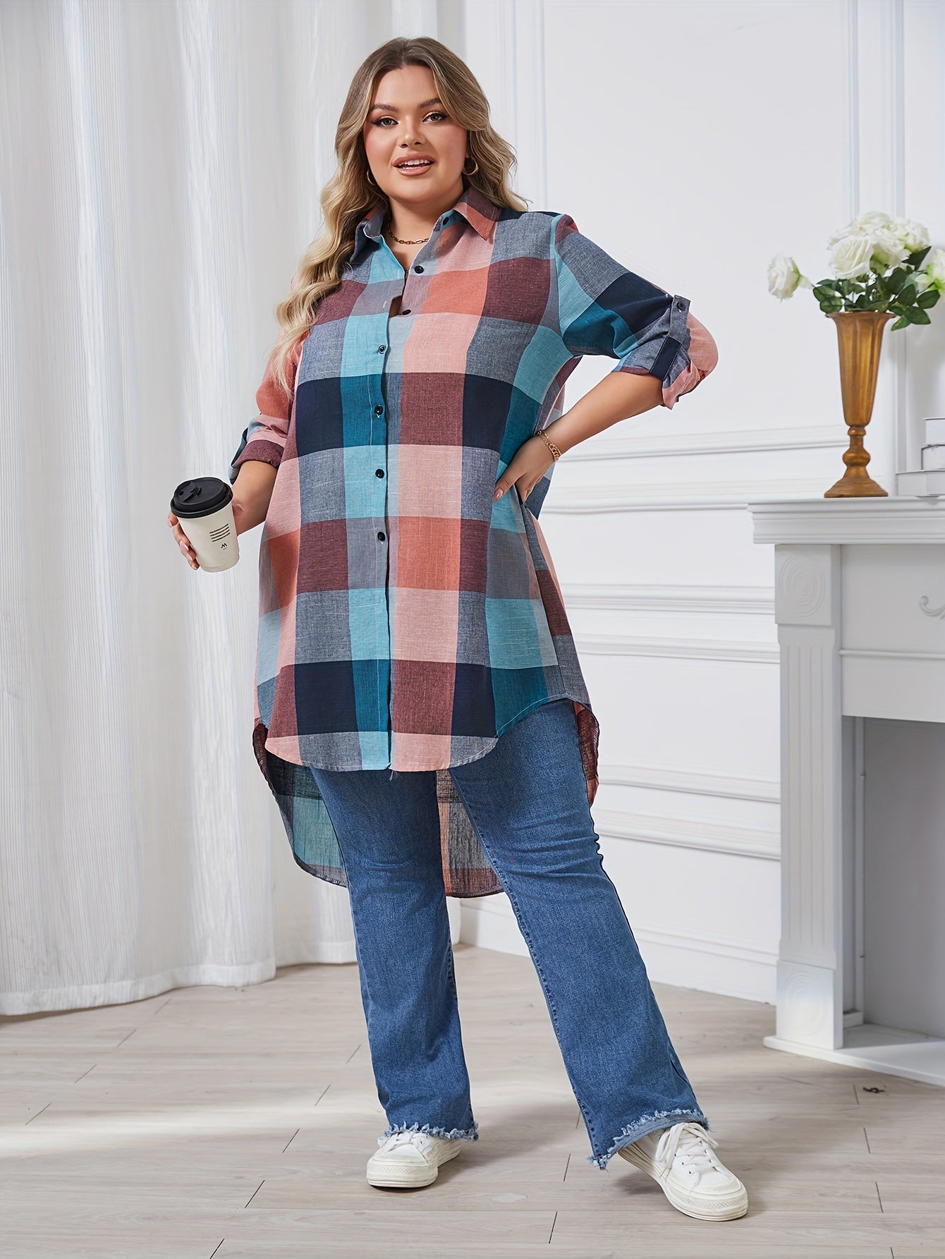 Plus Size Women's Casual Checkered Shirt Longline Button-Up Navy White Grid