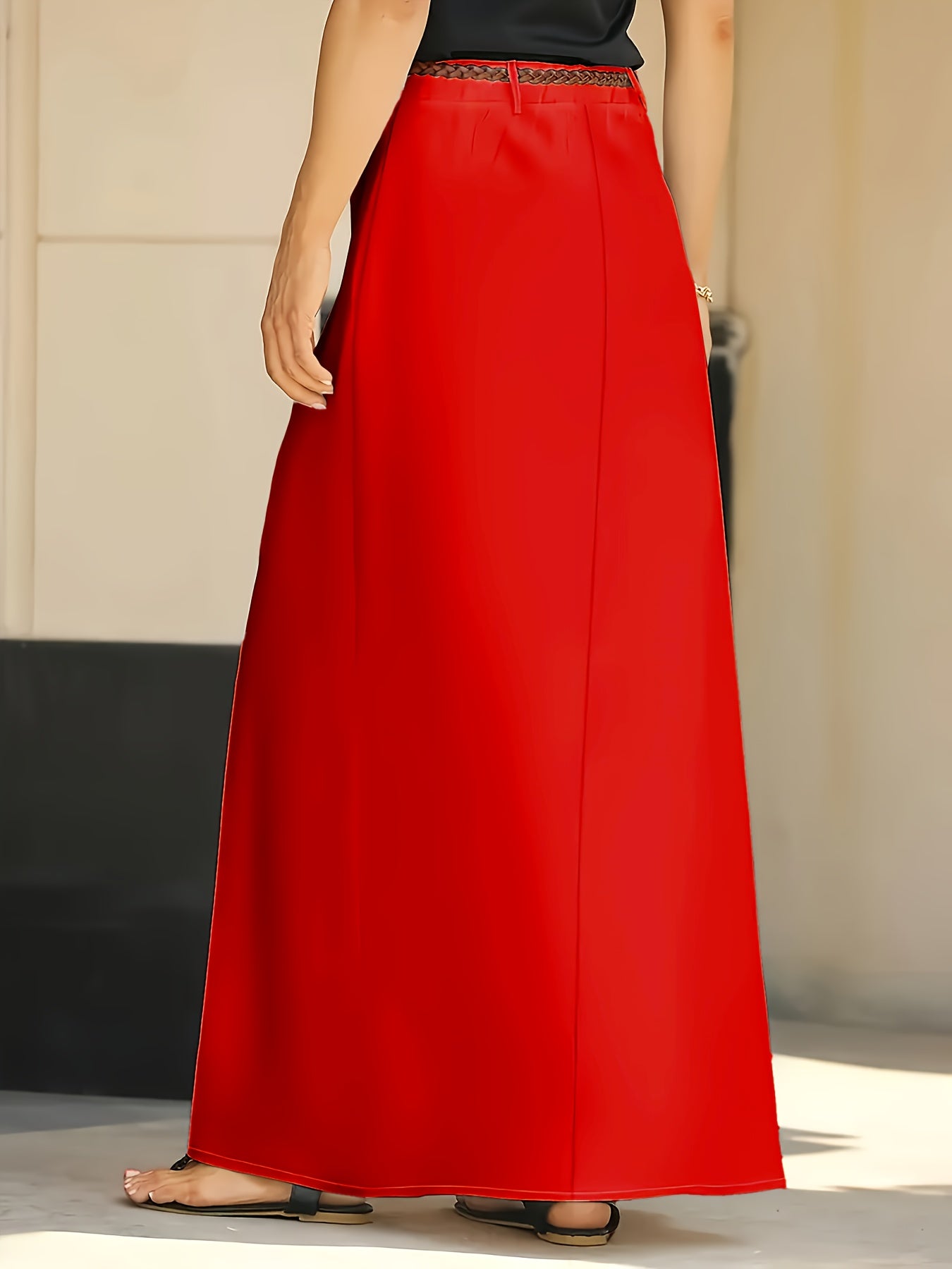 Plus Size Red Maxi Dress with Pockets polyester Flared Casual Wear