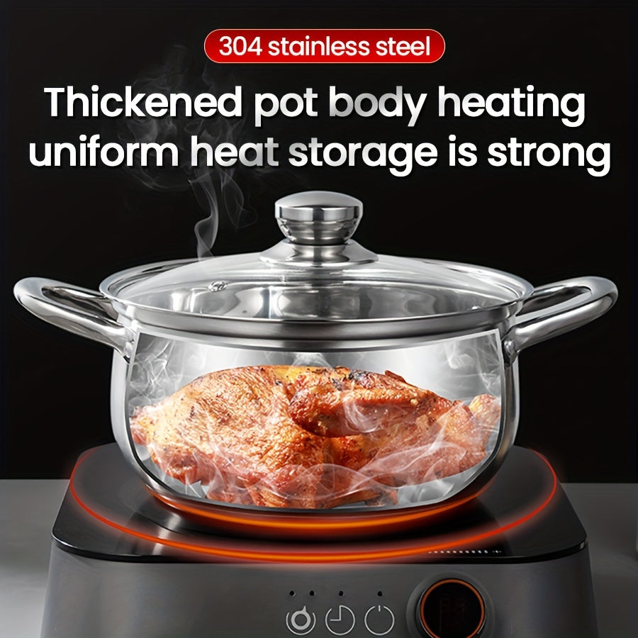 Olla de sopa de acero inoxidable 304 con tapa, fondo de doble capa resistente, versátil para hogar, restaurante y camping