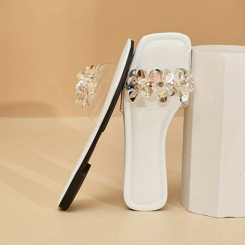 Women's Rhinestone Floral Slip-On Sandals with Square Toe and Flat Soft Sole