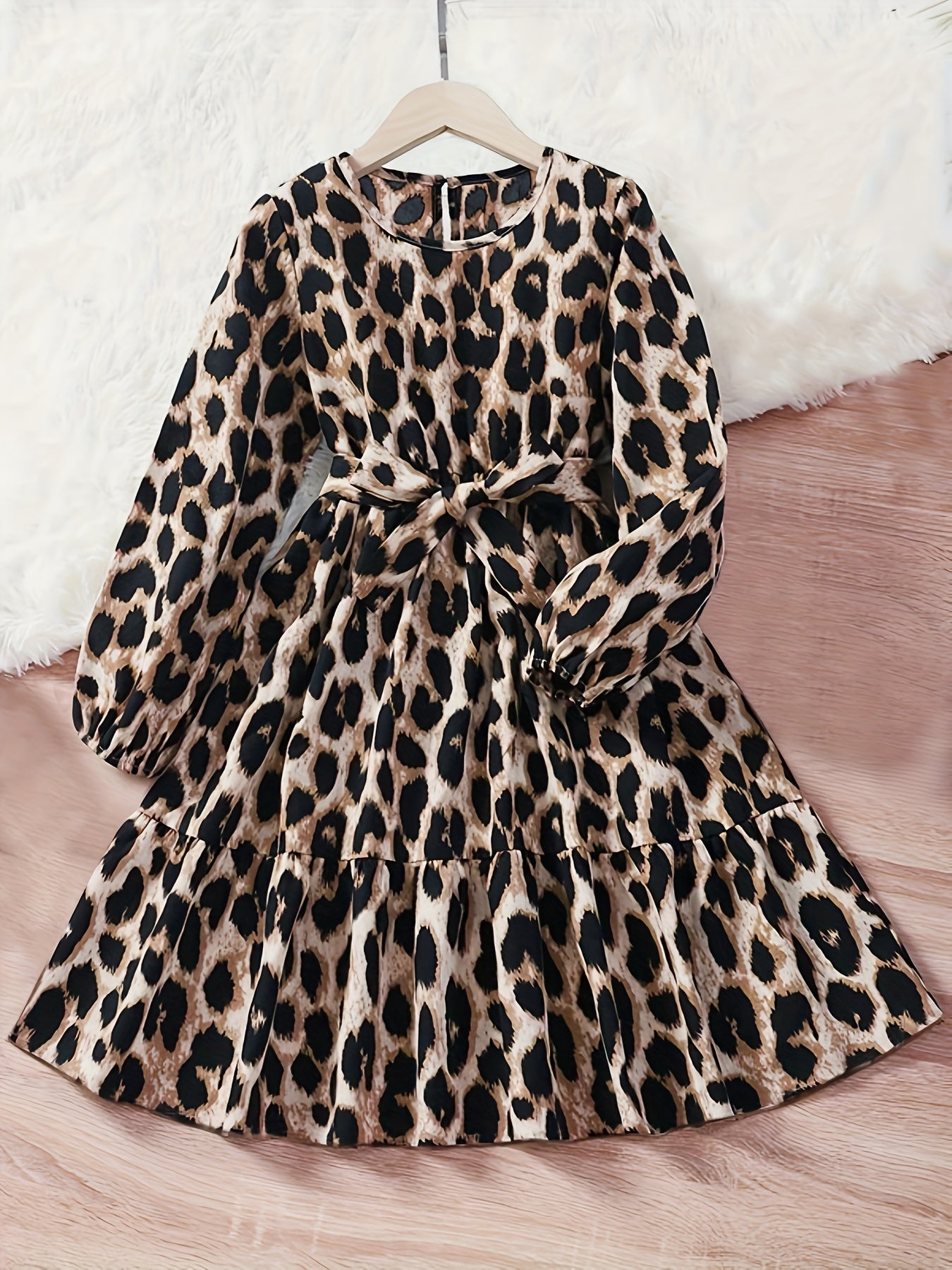 Girls Leopard Print Dress with Bow Belt for Party or Gift