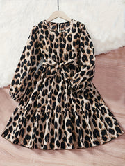 Girls Leopard Print Dress with Bow Belt for Party or Gift