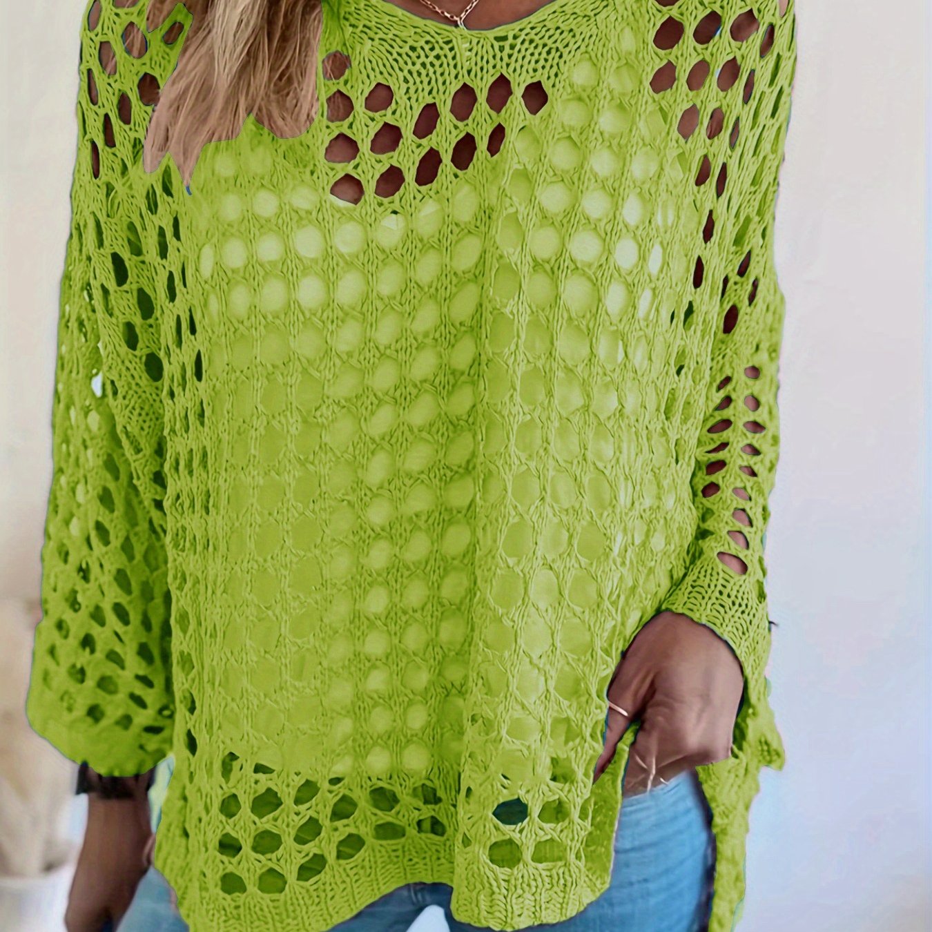 Plus o'lcham ayollar uchun kroşe tığ işi qovg‘a ustki uzun qolli V-shakl bo'yinli yashil