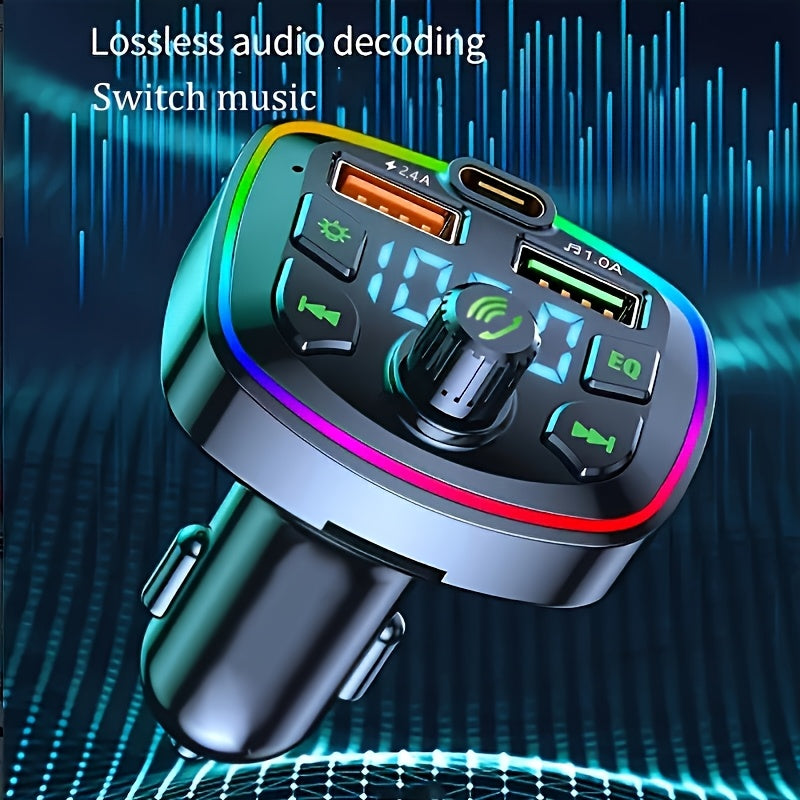 Wireless Car Charger FM Transmitter with Dual USB Fast Charging Multi-Color Ambient Light