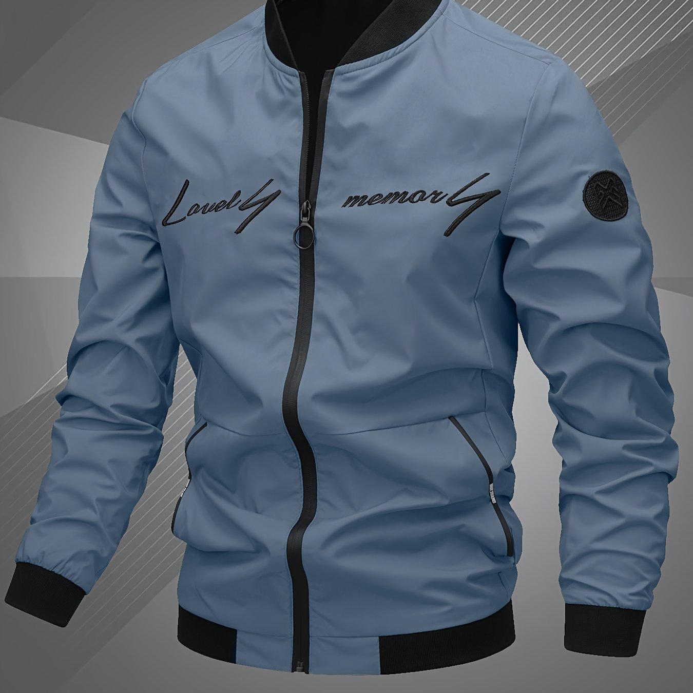 Chaqueta bomber de poliéster para hombre con letras bordadas, con cremallera, casual, deportiva