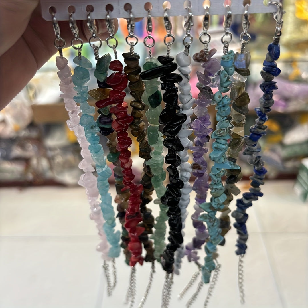 Set of 12 Natural Stone Bracelets Amethyst Tiger Eye Obsidian Adjustable Women Jewelry