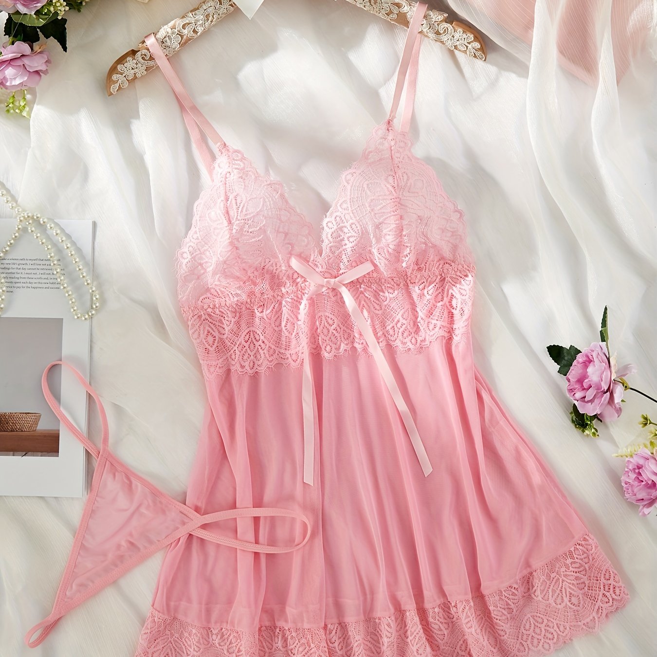 Pink Lace Nightgown Set with Satin Bow, Adjustable Straps, Sheer Boudoir