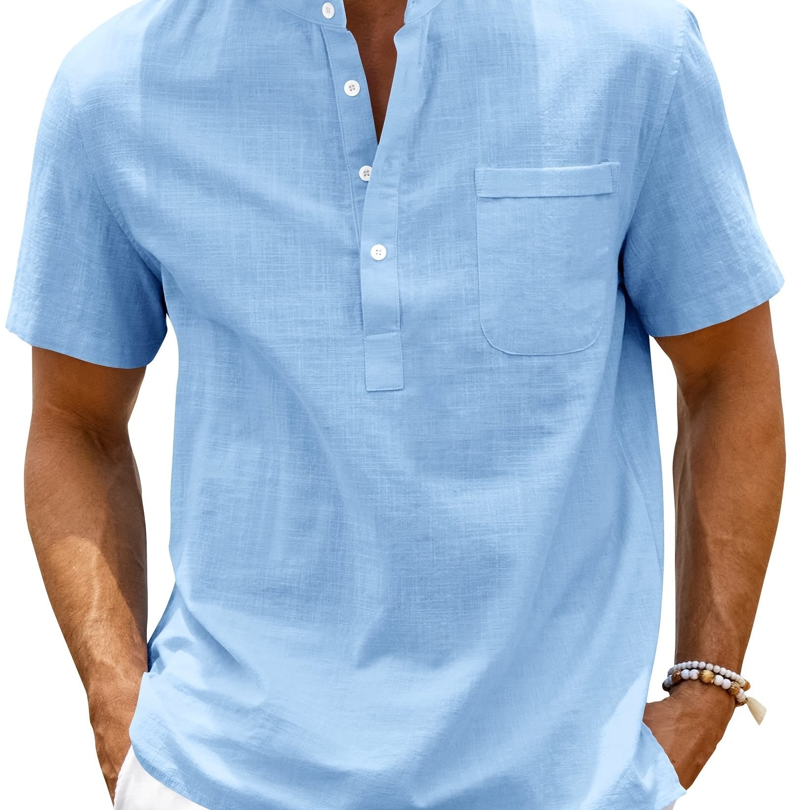Men's Cotton Short Sleeve Shirt with Stand Collar and Pocket for Summer Beach Vacation