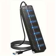 7-Port USB 3.0 Hub with LED Indicators and On/Off Switches Black Portable Data Transfer