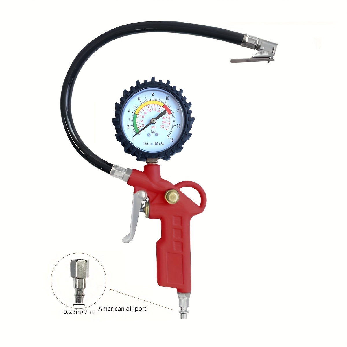 Universal Tire Pressure Gauge Inflator with Rubber Hose and Pressure Measuring