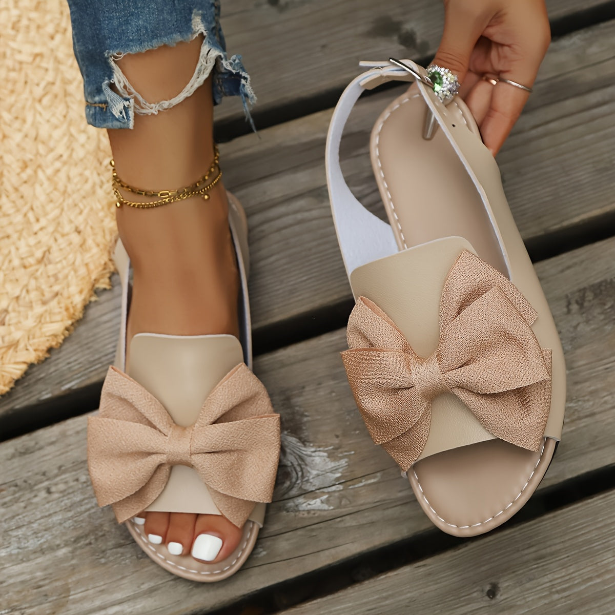 Women's Flat Sandals with Bow Detail Open Toe Adjustable Ankle Strap