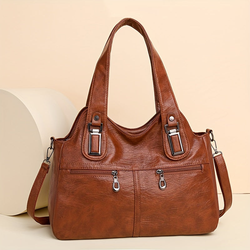 Retro PU Leather Tote Bag with Multiple Pockets Large Capacity Casual Shoulder Crossbody Bag