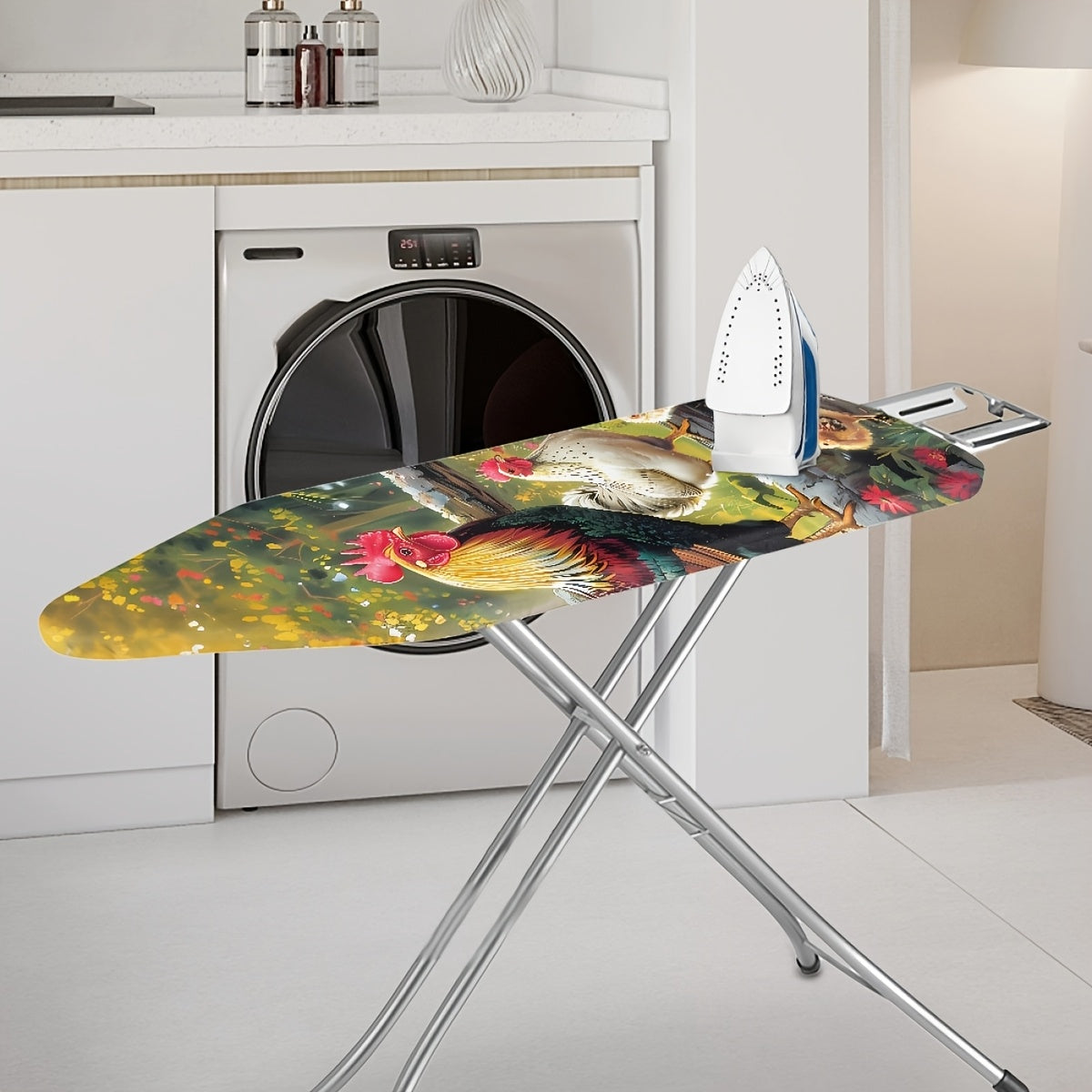 Ironing Board Cover with Rooster and Hen Design Dustproof Non-Stick Stain-Resistant Elastic Edge