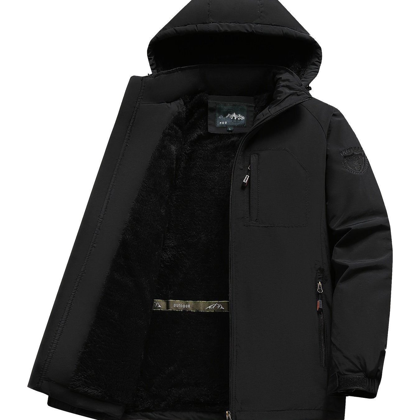 Men's Fleece-Lined Outdoor Jacket Hooded Zipper Pocket Casual Winter Mountaineering