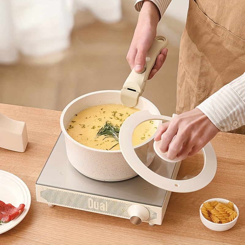 Juego de utensilios de cerámica beige de 5 piezas, antiadherente, PFOA PFAS, para autocaravana, asas removibles