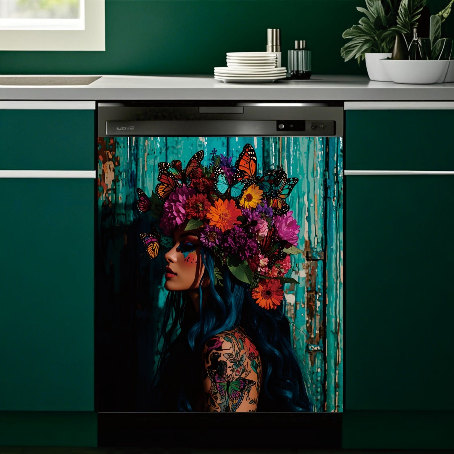 Ko'k sochli ayol gulchambar, kapalak taxtasi, uy bezaklari va sovg'alar uchun magnit