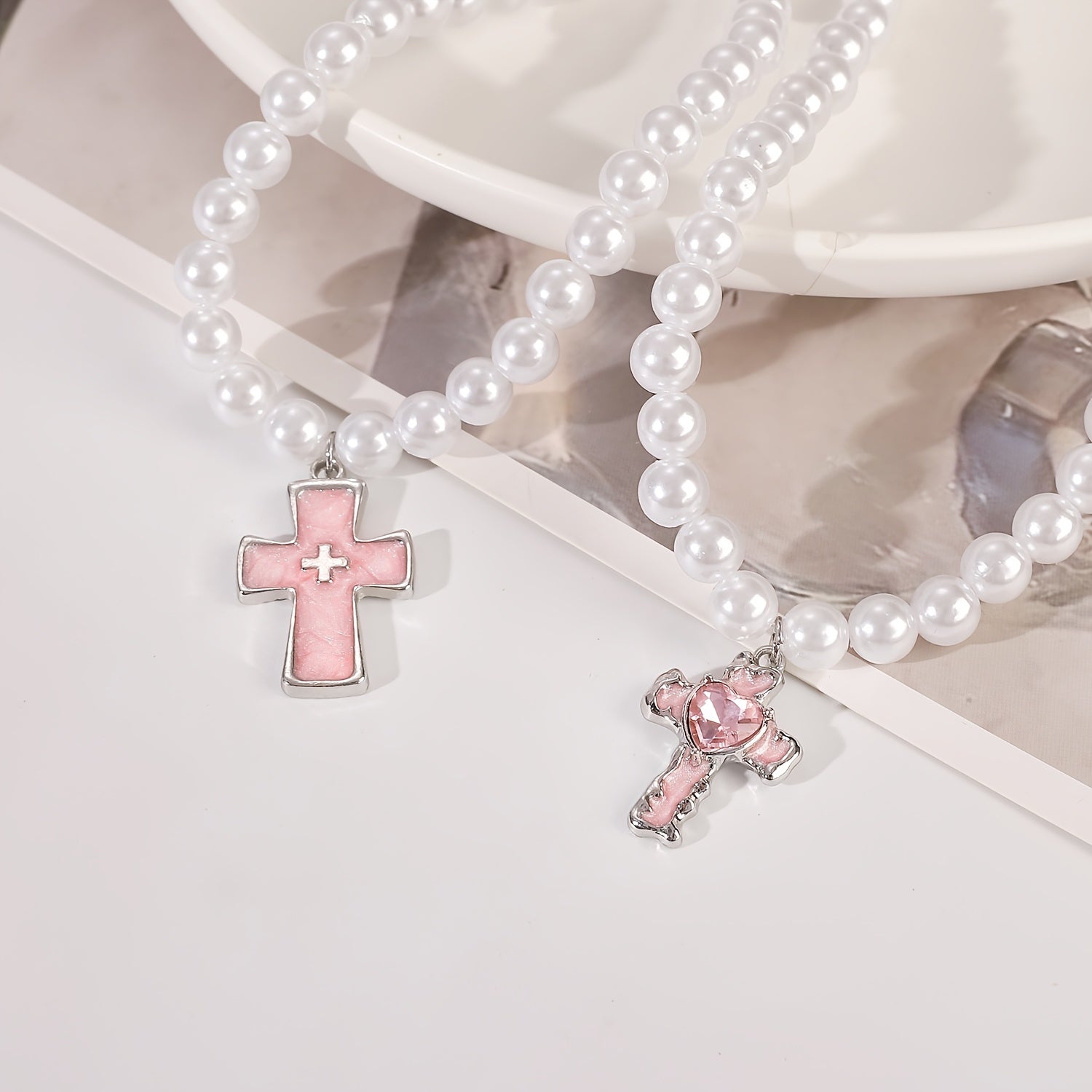 Women's Y2K Style Necklace Set with Faux Pearl Pink Monster Heart Cross Pendants 4 Pieces Jewelry Gift