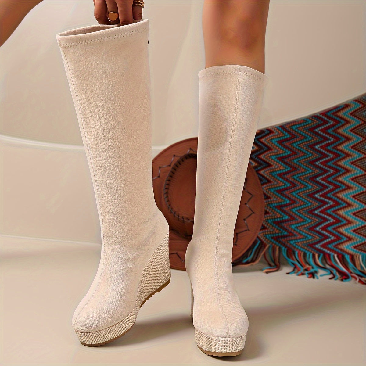 Women's Knee-High Platform Heel Boots Rubber Sole Fabric Lining