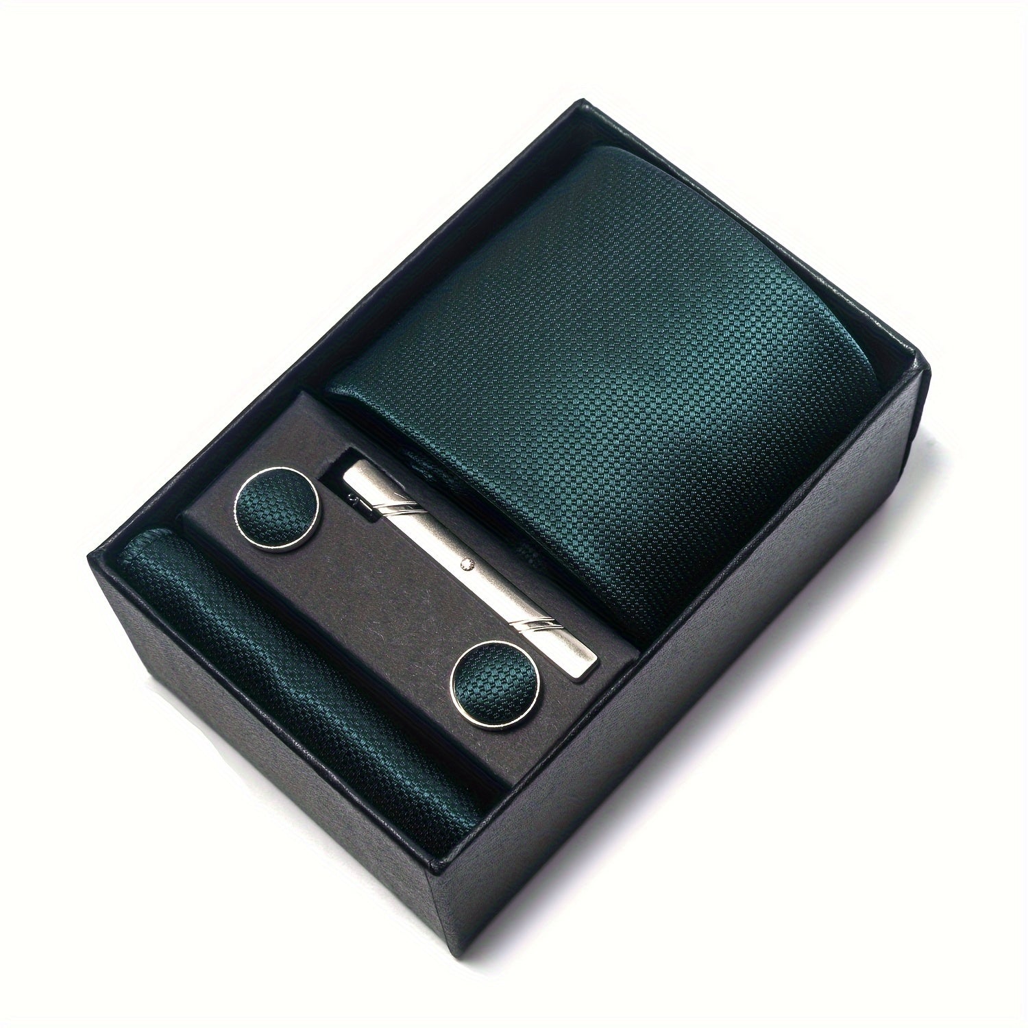 Men's Solid Color Tie Set with Square Cufflinks Gift Box for Wedding Business and Holiday