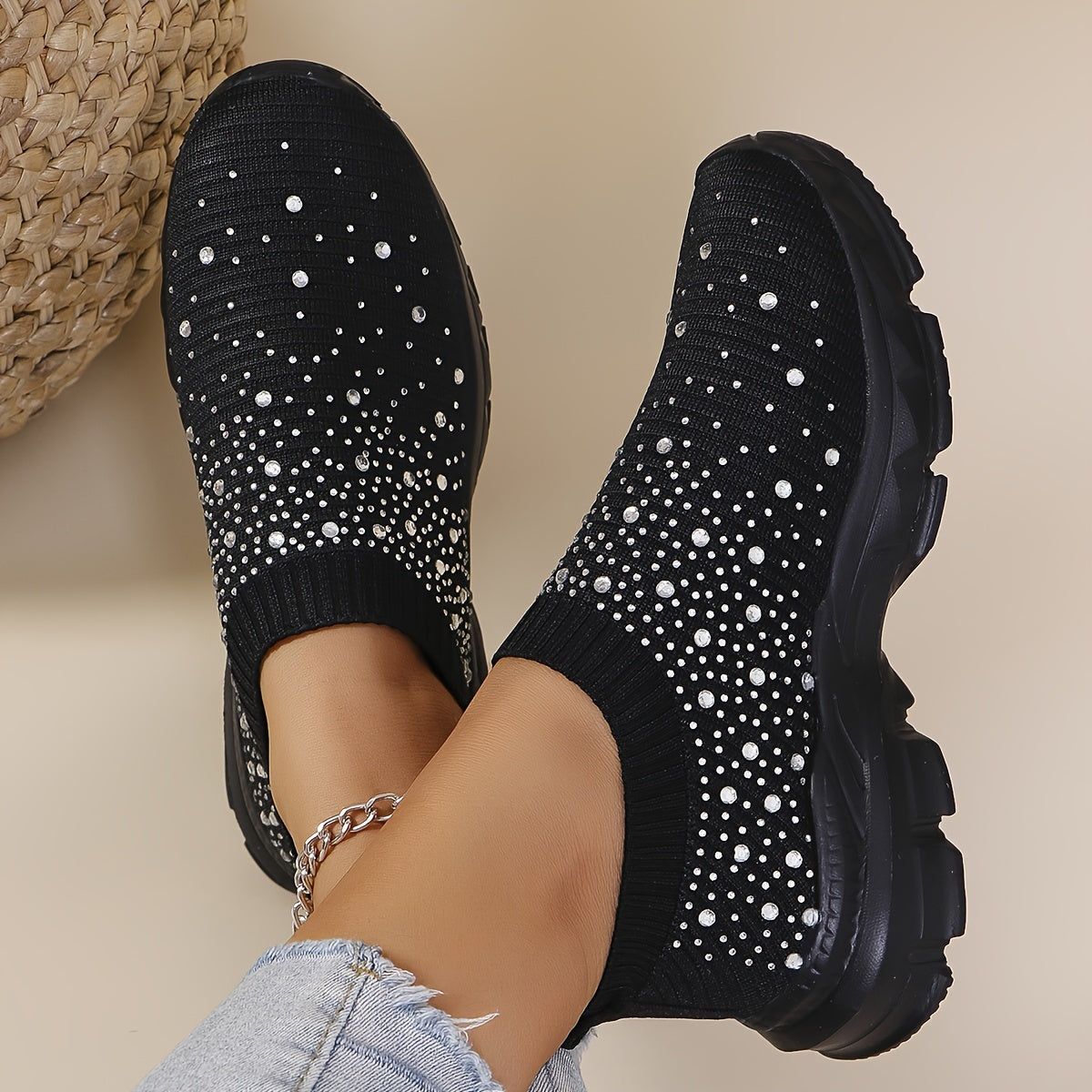 Women's Slip-On Sneakers with Rhinestone Embellishments Fabric Upper EVA Sole