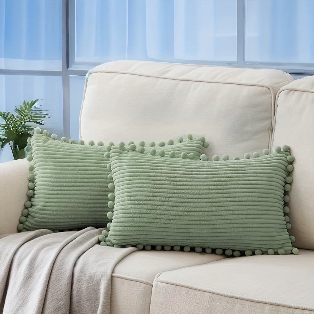 2 чехла для подушек из вельвета с меховыми шариками, идеально подходят для декора гостиной или спальни (подушки не включены).