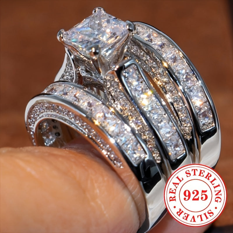 Women's Silver Ring Set 14.2g S925 Cubic Zirconia Engagement Wedding Anniversary