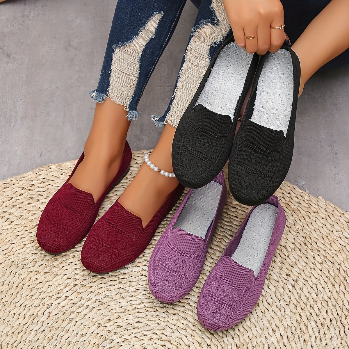 Women's Knit Slip-On Loafers Comfortable Breathable Non-Slip Casual Shoes