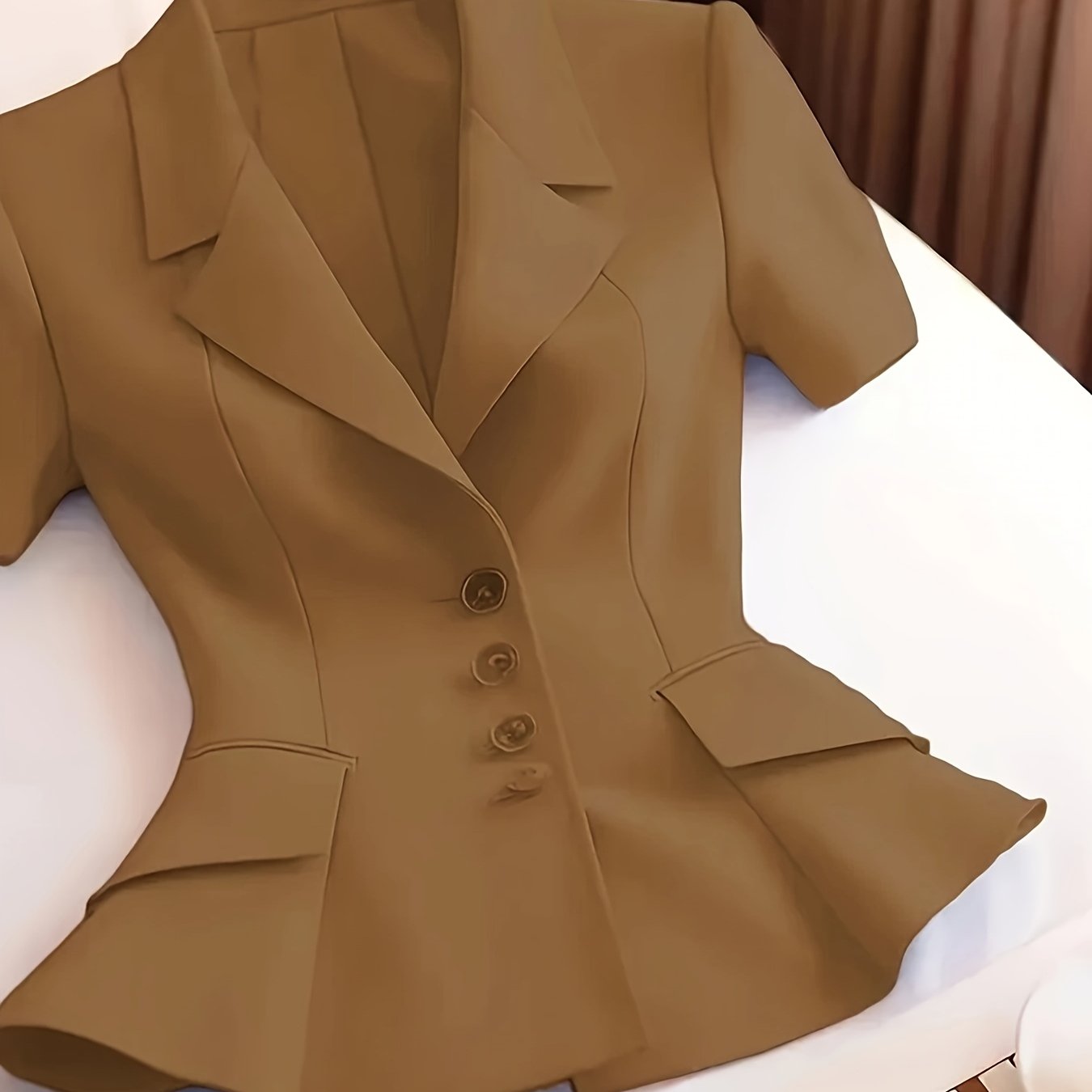 Pink Women's Blazer Short Sleeve Ruffled Hem Slimming Fit Office Casual Polyester