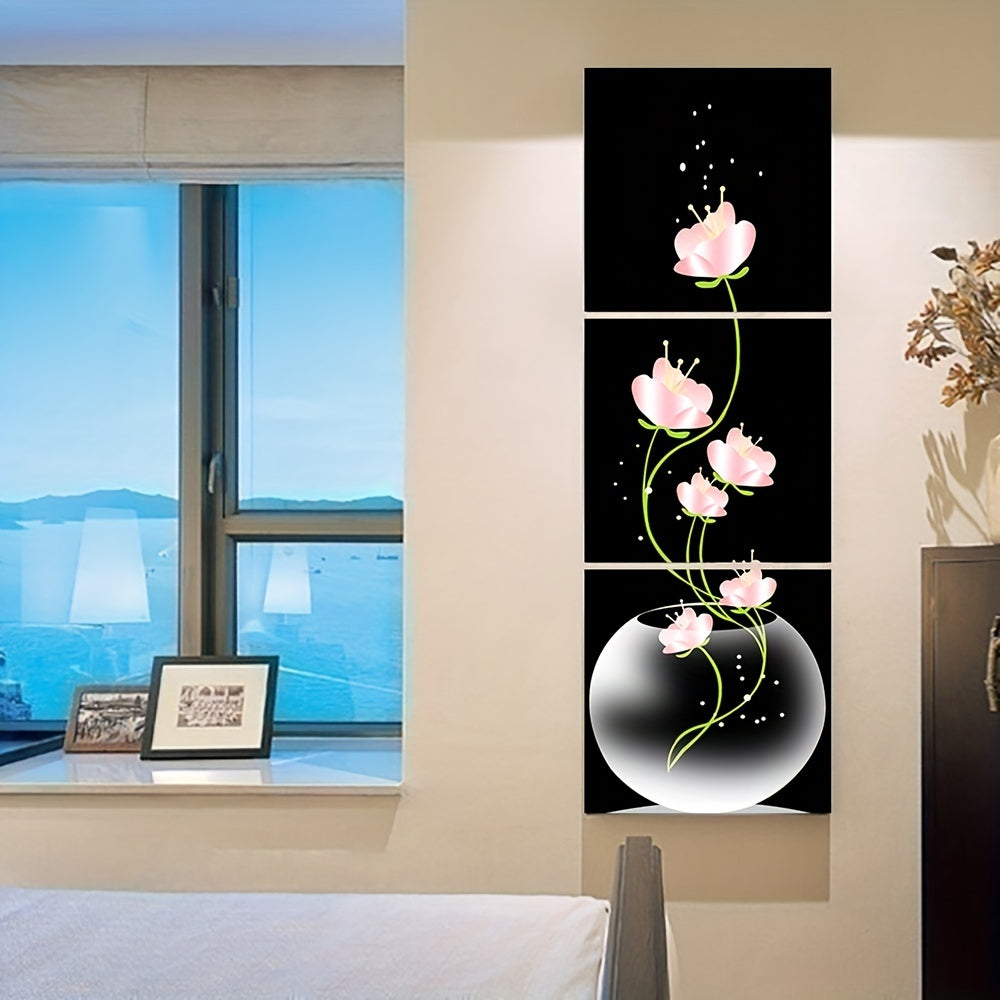 Set of 3 Pink Flower Canvas Wall Art Framesless Floral Landscape Minimalist Decor