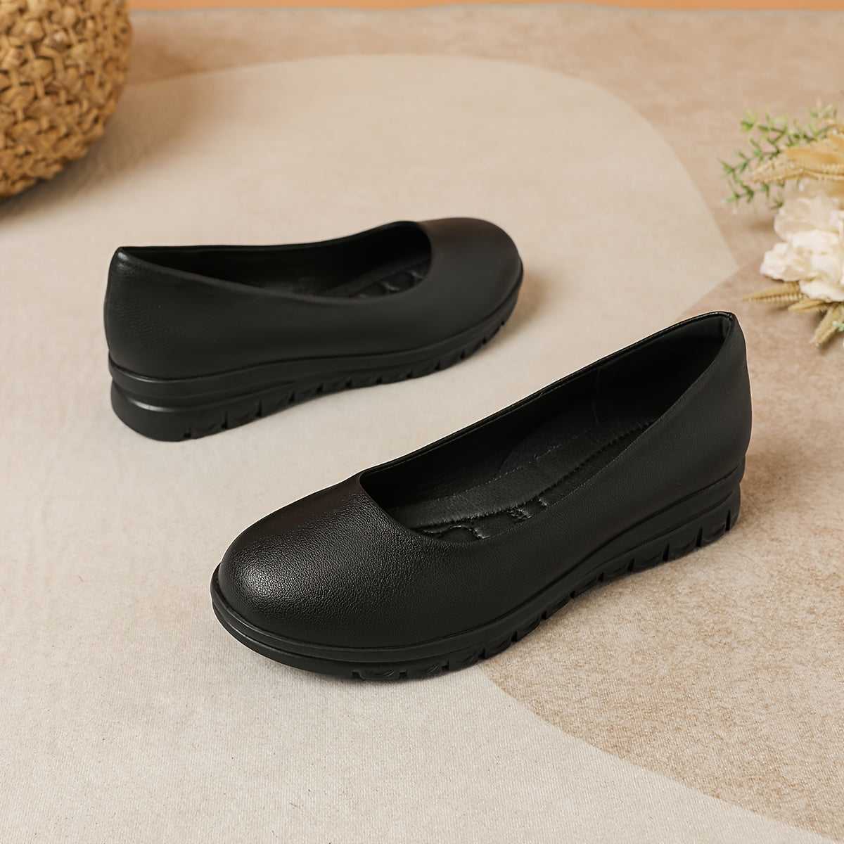 Women's Black Office Flats Non-Slip Round Toe Microfiber Shoes