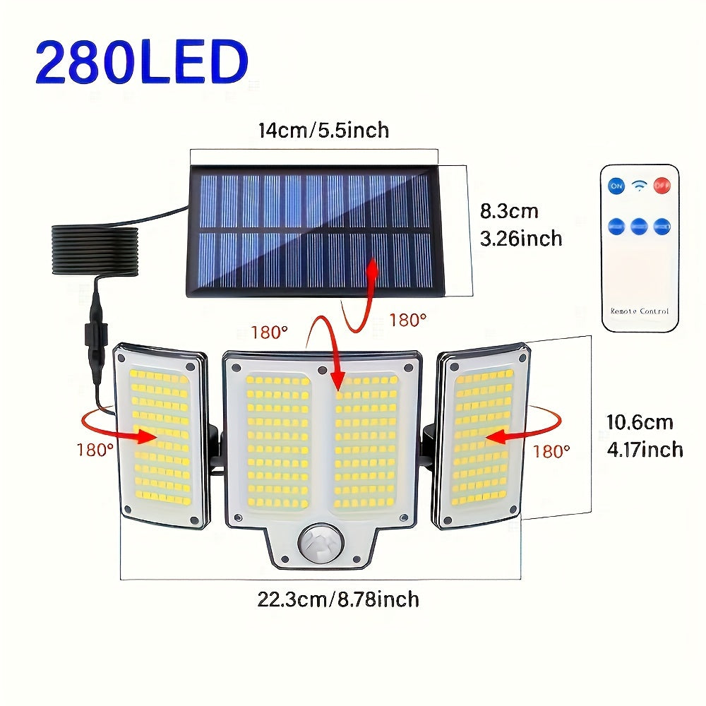 Outdoor Solar Flood Lights with Motion Sensor Remote Control 3 Modes 3-Head Yard Porch Garage