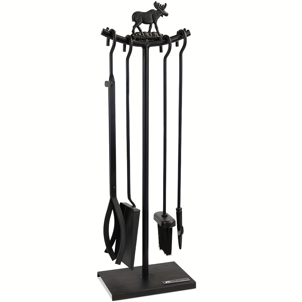 5-Piece Fireplace Tool Set with Brush Poker Shovel and Firewood Rack Indoor Outdoor