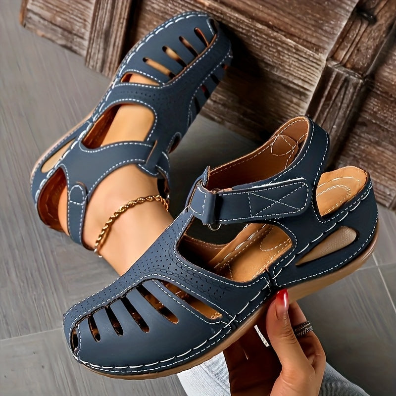 Women's Solid Color Faux Leather Sandals with Cut-Out Design and Cushioned Sole