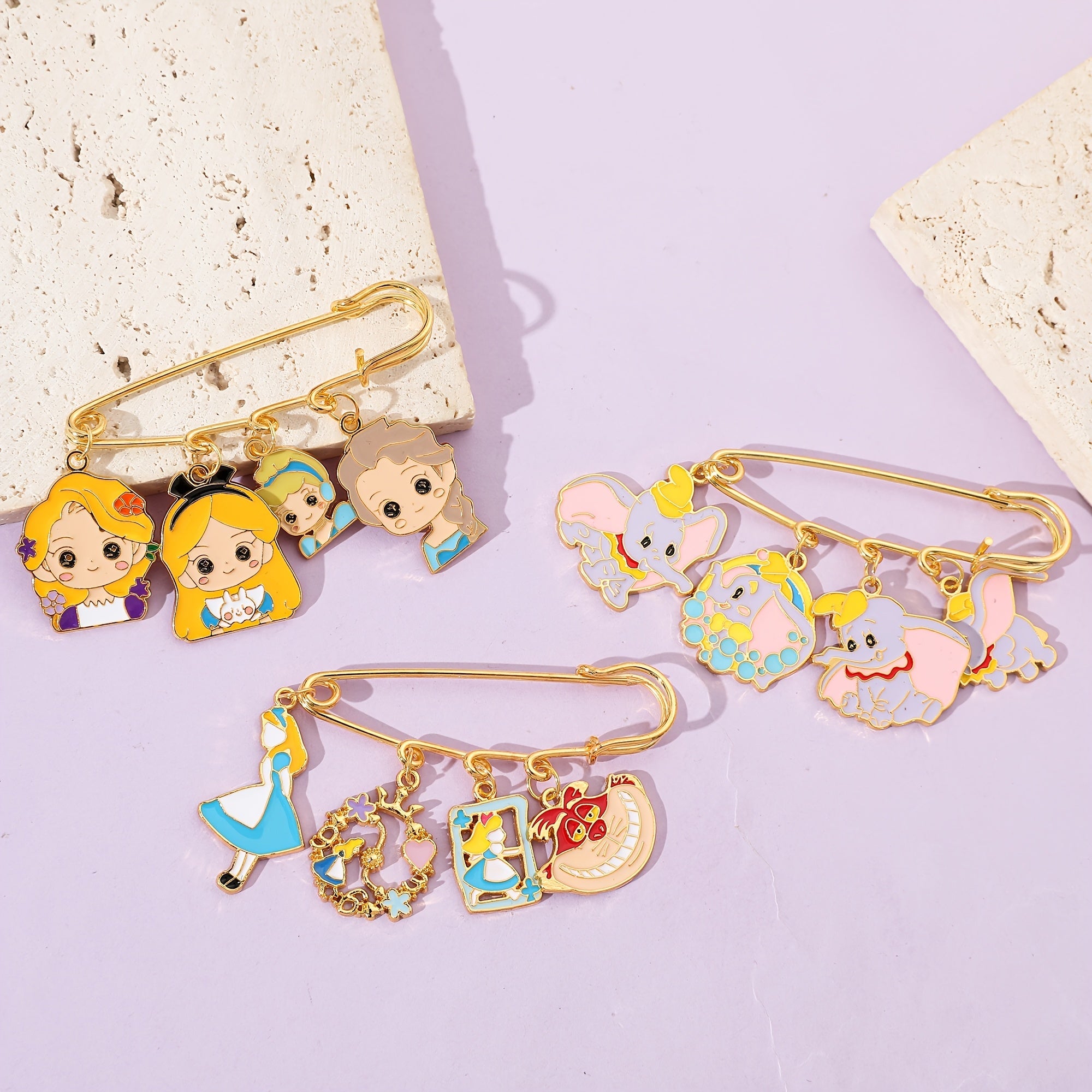 Set of 3 Cartoon Princess and Dumbo Enamel Brooch Pins Zinc Alloy Kids Girls Backpack Clothes Jewelry