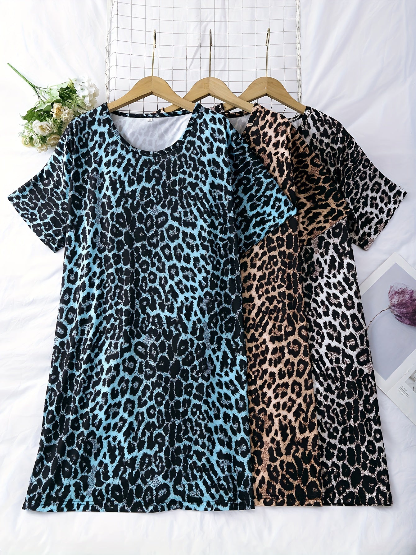 Women Leopard Print Short Sleeve Dresses Polyester Elastane Nightwear