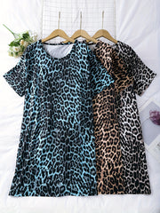 Women Leopard Print Short Sleeve Dresses Polyester Elastane Nightwear