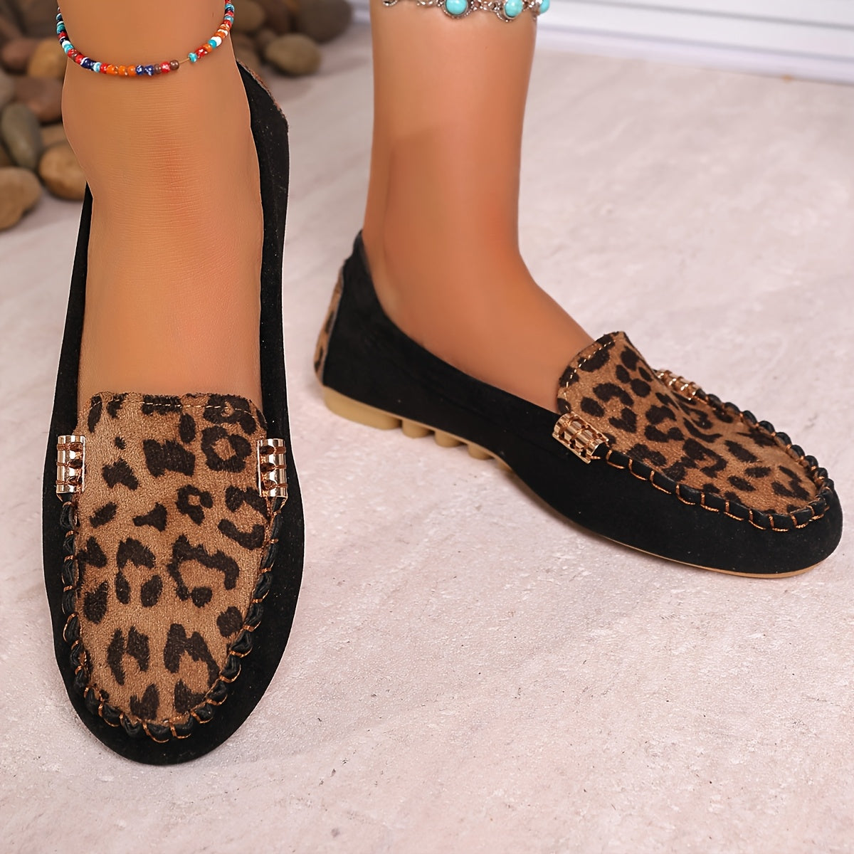 Women's Leopard Print Slip-On Flats with Rubber Sole and Metal Accents