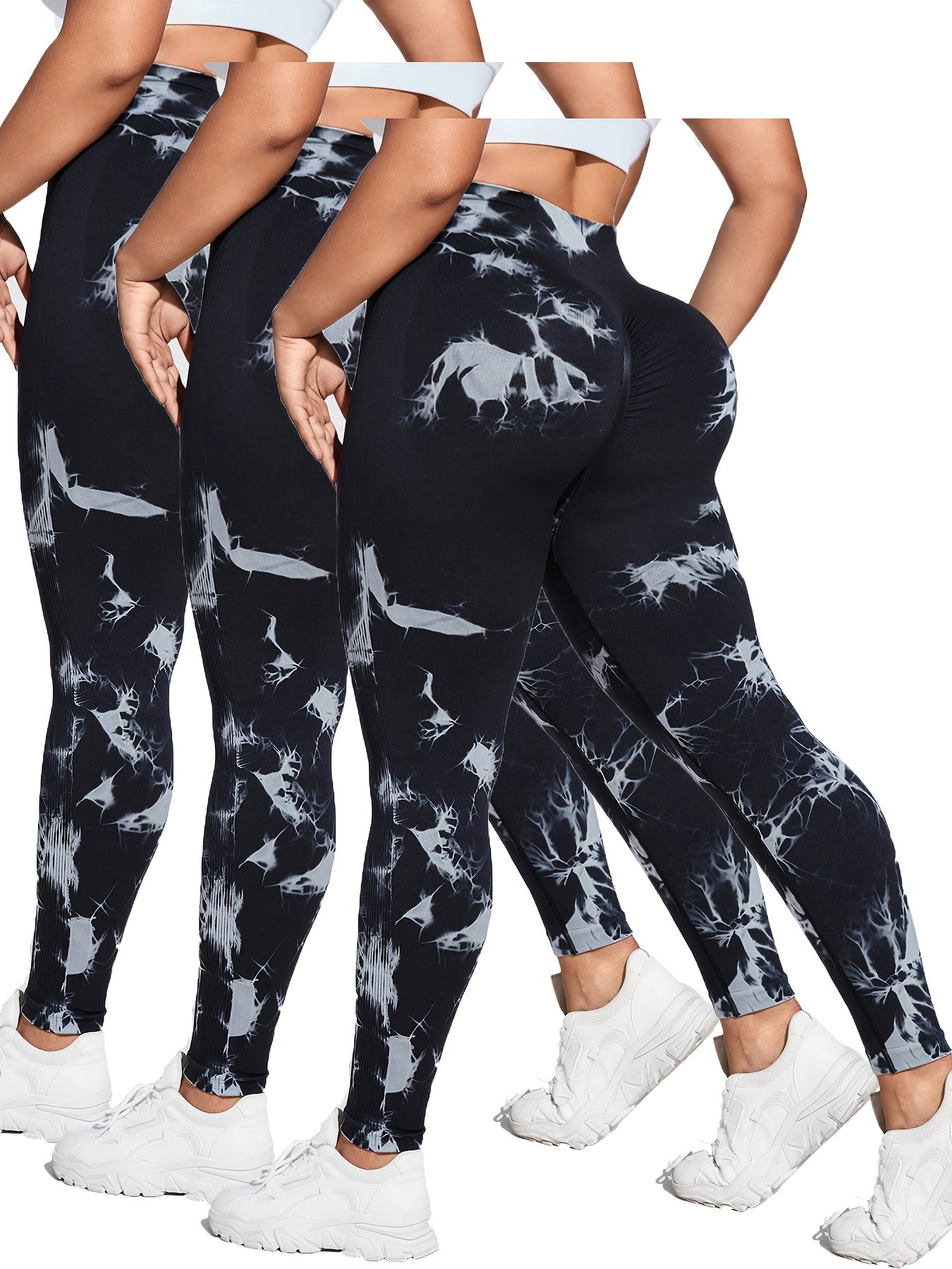 Plus Size Women Seamless Quick-Dry Tie-Dye High Waist Yoga Leggings 3 Pack