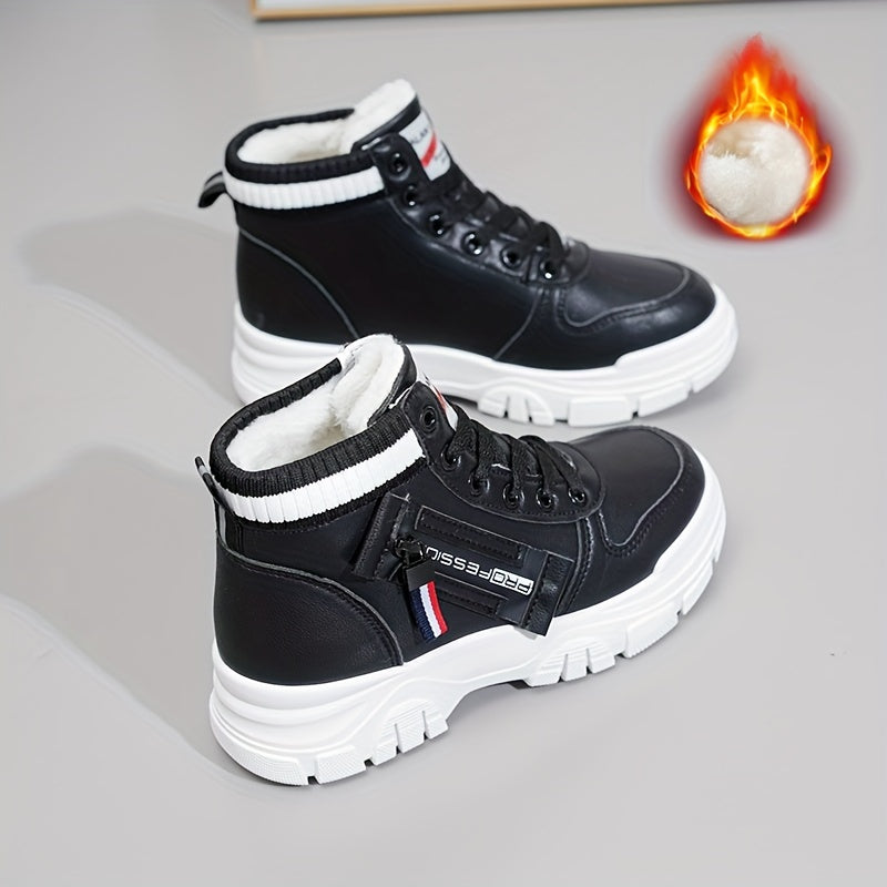 Women's Warm Winter High-Top Sneakers with Fleece Lining and Blue Straps
