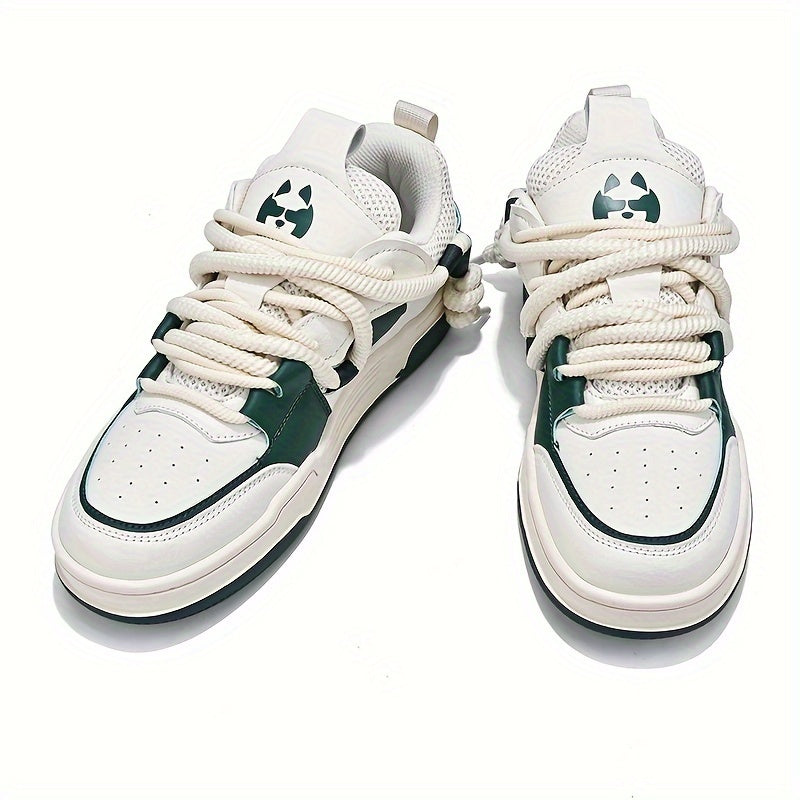 Men's All-Season Casual Sneakers with Solid Color and Cartoon Pattern Breathable Faux Upper Low Top Lace-Up Rubber Sole