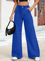 Women's Wide Leg Cargo Pants Denim Blue Washed Elastic Waist All-Season