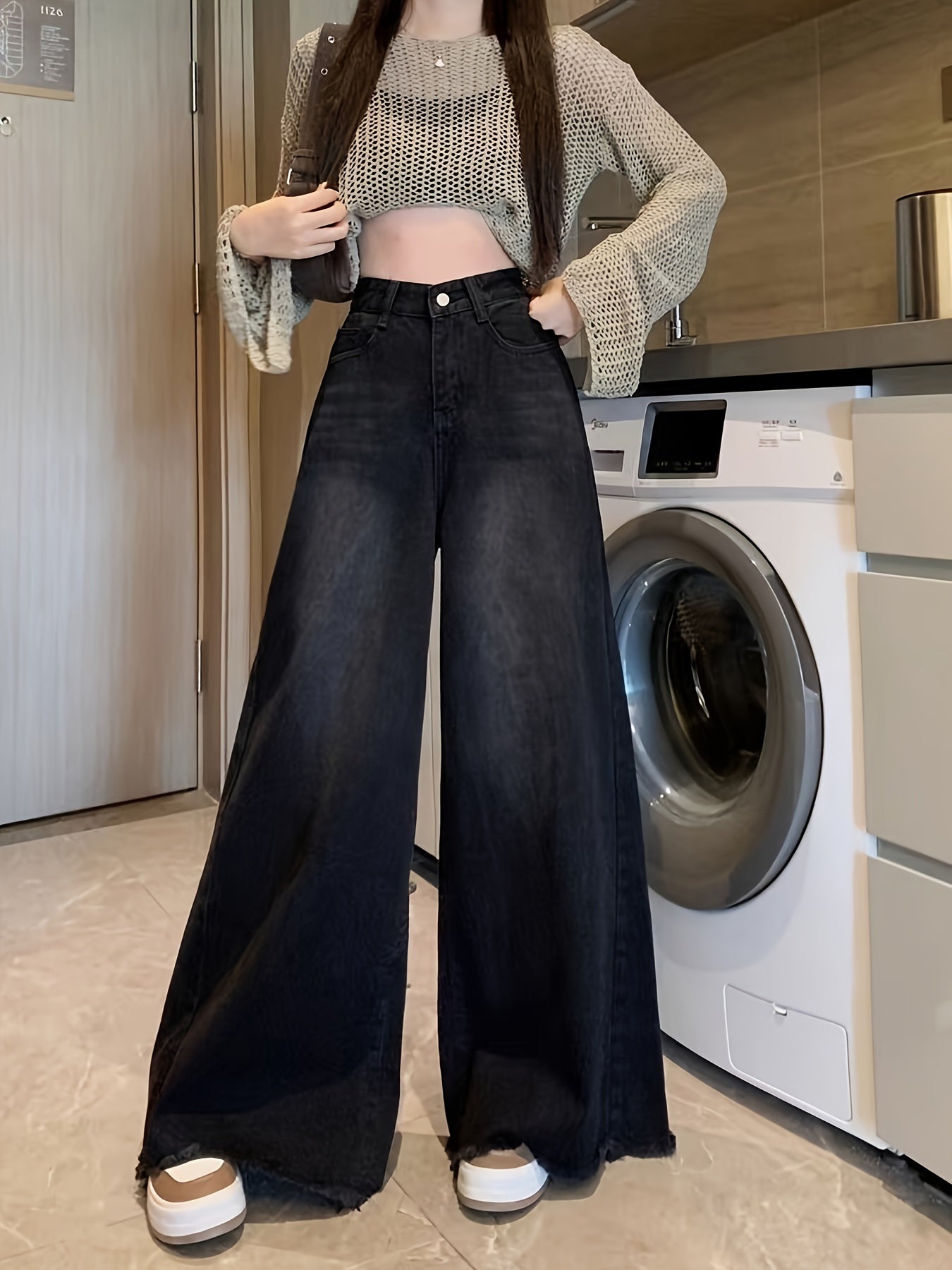 Plus Size High-Waist Wide-Leg Denim Jeans for Women Black Gray Frayed Hem